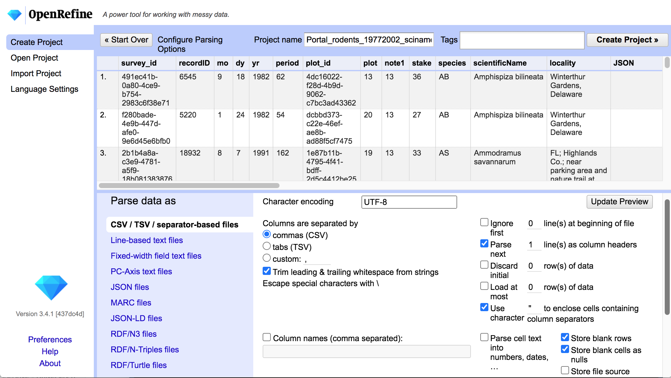 Screenshot of 'OpenRefine' import screen, using the sample data from https://ndownloader.figshare.com/files/7823341, and showing both the tabular preview and the options for parsing the headers and delimiters.
