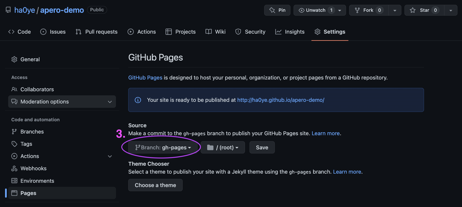 GitHub Settings page for a repository. In the 'Source' setting, the 'Branch' pulldown menu is open and set to 'gh-pages' and is circled with a magenta oval and labeled with '3.' in magenta text.