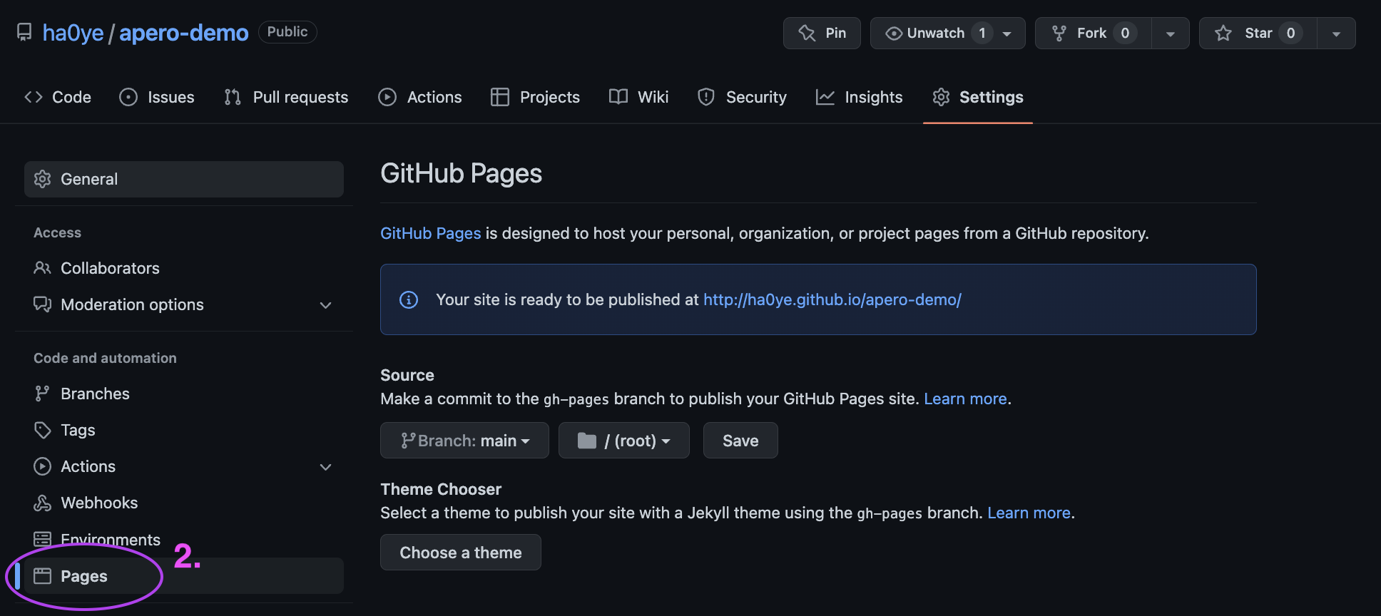 GitHub Settings page fora repository. The 'Pages' menu item on the left is circled with a magenta oval and labeled with '2.' in magenta text.