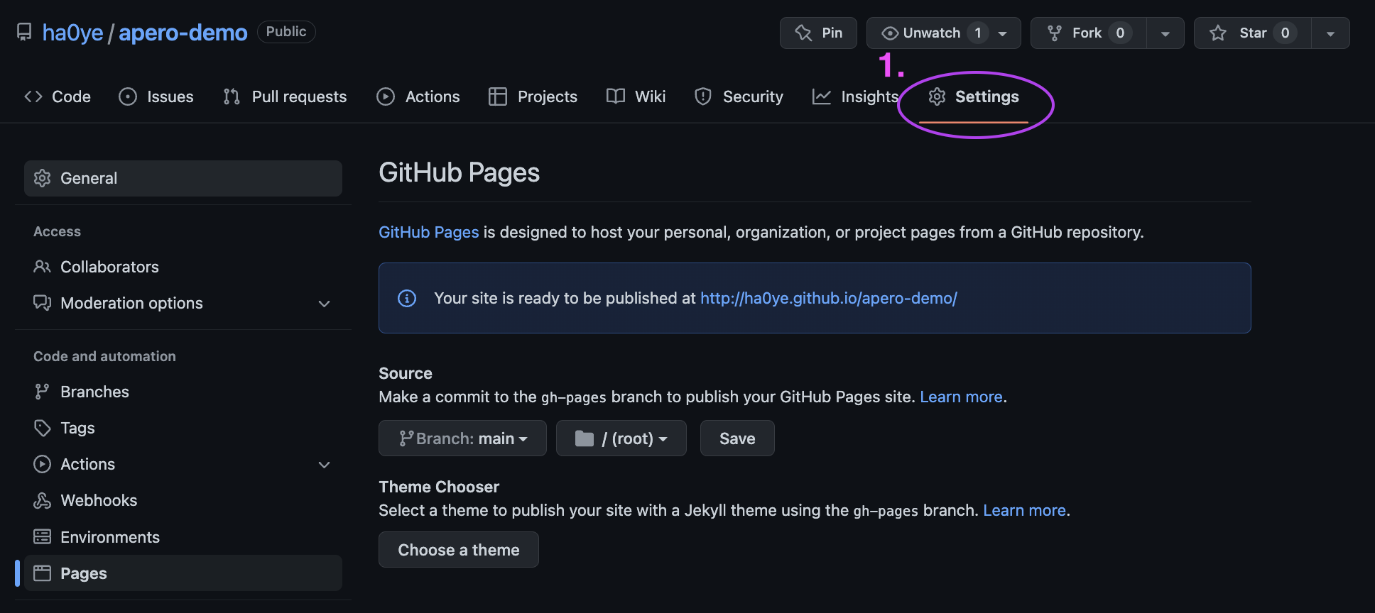 GitHub Settings page for a repository. The settings tab is circled with a magenta oval and labeled with '1.' in magenta text.