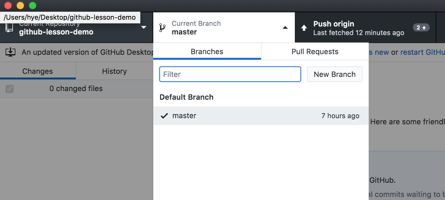 screenshot of the GitHub Desktop interface, when clicking on the pulldown menu to switch branches; this interface also enables one to create new branches.