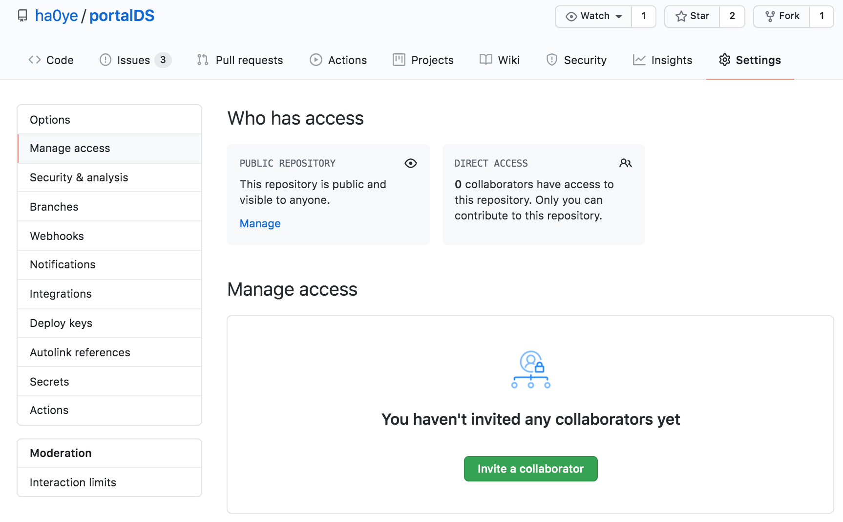 A screenshot of the website https://github.com/ha0ye/portalDS/settings/access, showing that the repo is visible to the public, and that only the owner can contribute to the repository. There is a green button with the text 'Invite a collaborator'.